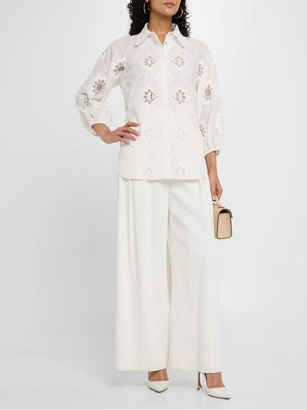 Elite Tahari Embroidered Button-Down Blouse shirt linen white medium feminine